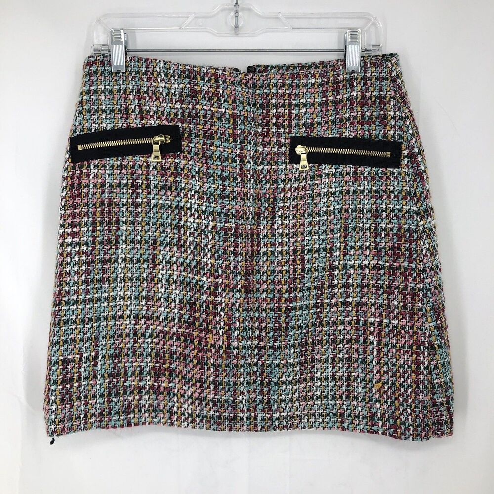 Loft Blue Pink Red White Green Tweed Zip Pockets Lined Mini Skirt 6